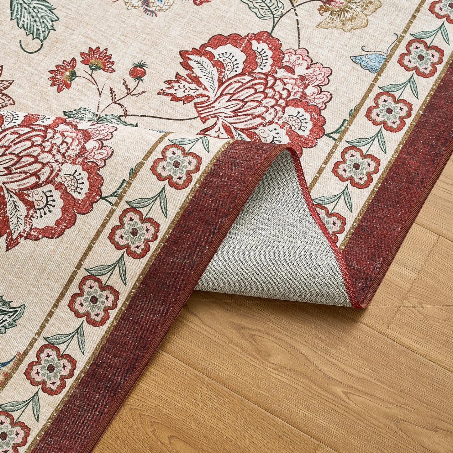 jinchan 8ft Floral Round Rug for Dining Room Washable Living Room Rug Vintage Romance Design Non Slip Indoor Floor Cover Lightweight Low-Profile Throw Carpet for Bedroom Porch Patio, Red/Beige