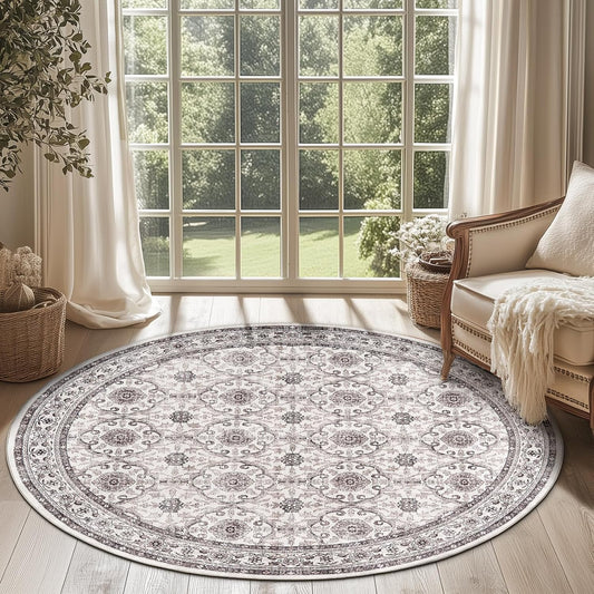 jinchan Round Rug 6ft Washable Circle Soft Rug - Low Pile Vintage 6'Round Indoor Beige Floral Print Stain Resistant Boho Carpet Ultra-Thin Non-Slip for Living Room Nursery Bedroom Dining Room Kitchen