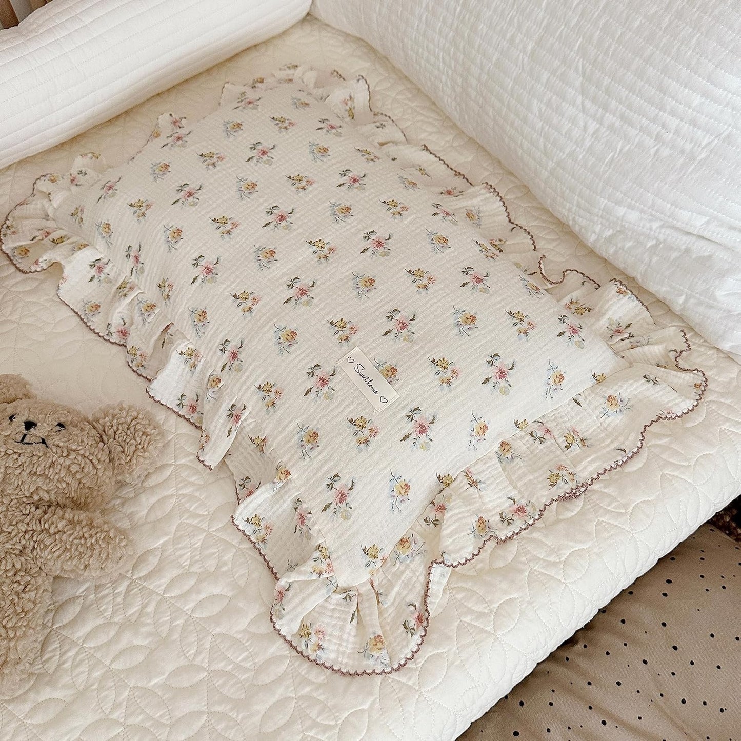 BuLuTu Cotton Muslin Kids Toddler Pillowcase with Cute Azalea Flowers Pattern Super Soft Crib Nursery Pillowcase for Boys,Girls,Bedding Decor Machine Washable, Durable Pillowcase,1 Piece,14"x20"