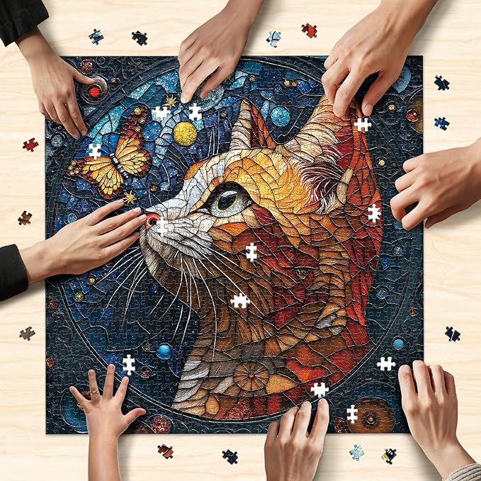 1000 Piece Jigsaw Puzzle for Adults - Stained Glass Style Cat Puzzle with Vibrant Colors and Celestial Design, Perfect for Game Nights and Gift-Giving, Finished Size is 24 x 24 in