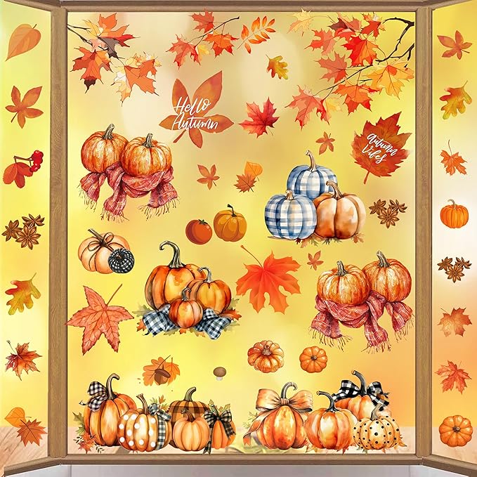 Autumn Pumpkin Window Stickers, Autumn Maple Leaf Decoration Stickers, Thanksgiving Harvest Window Stickers, Double-Sided Printing Suitable for Holiday Decoration