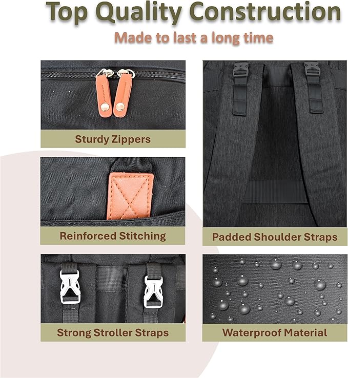 Baby Diaper Bag Backpack - Large Bag for Boys & Girls, with Changing Pad & Pacifier Case, Large Capacity with Insulated Pockets, Waterproof, with Stroller Straps, Unisex - Black