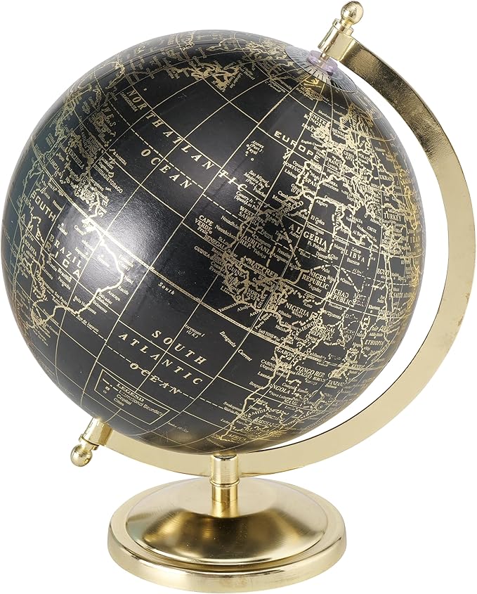 Explorers Globe, Incised Details, Black With Gold Accents, Mapped with Locations, Longitude and Latitude, Resin, Crescent Stand Mounted, Circular Gallery Base, 12.25 Inches Tall