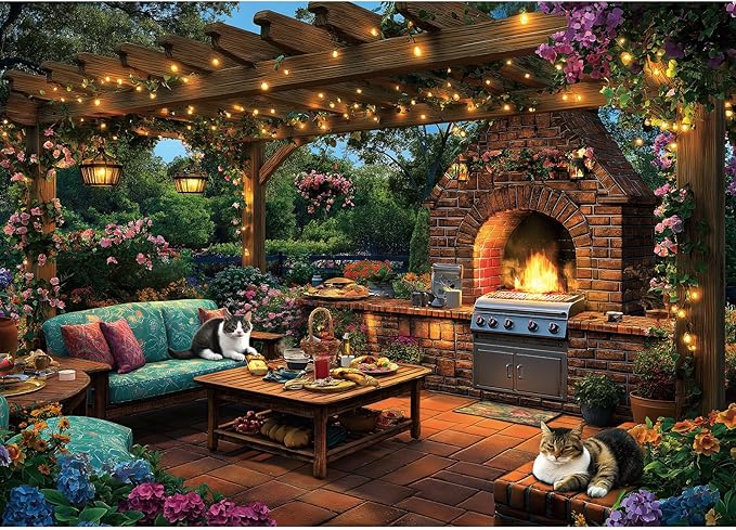 1000 Piece Jigsaw Puzzle for Adults - Challenging Garden Patio Scene with Twinkling Lights, Vibrant Hydrangeas - 27.5"x19.7" Art Puzzle, Unique Gift for Game Nights