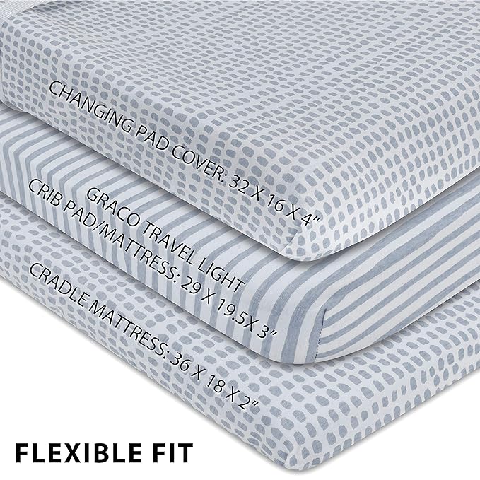 Ely’s & Co. Patent Pending Waterproof Changing Pad Cover|Cradle Sheet 2-Pack Set for Baby Boy - 100% Cotton, Jersey Knit Cotton Sheets with Waterproof Lining — Misty Blue, Stripes and Splashes