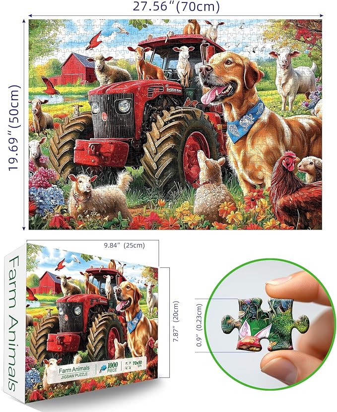 1000 Piece Farm Animals Jigsaw Puzzle - Classic Barnyard Scene, Challenging Adult Puzzle for Game Nights 27.5x19.7 Inch