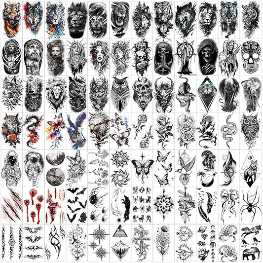 102 Sheets Halloween Tiny Temporary Tattoos Stickers, Fake Tattoos That Look Real And Last Long, Halloween Tattoos Include Black Scary Wolf Lion Tiger Skeleton Skull