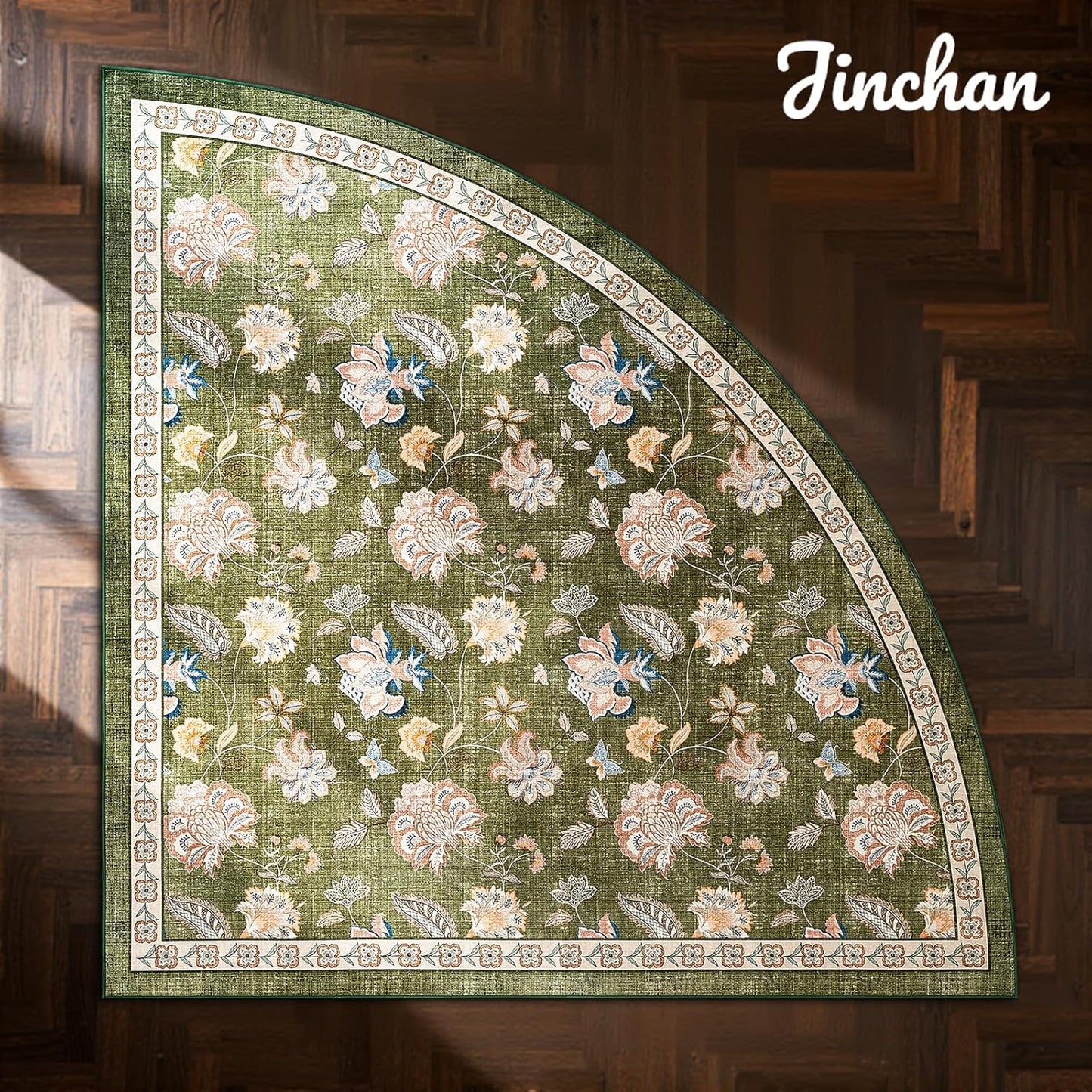 jinchan Floral Corner Rug for Living Room Washable Bedroom Rug Vintage Romance Design Non Slip Quarter Circle Lightweight Low-Pile Throw Carpet for Reading Nook Playroom,8ft Radius, Green