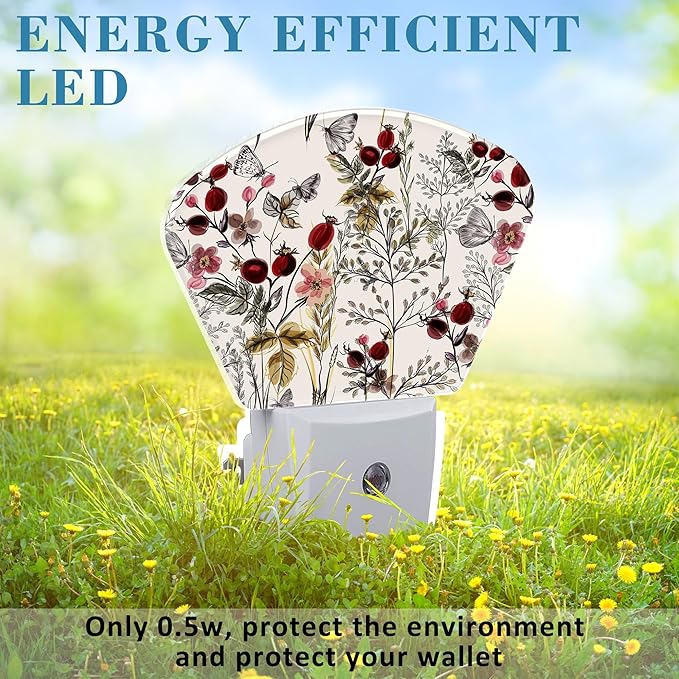Butterfly Plug in Night Lights, Vintage Flowers Plants Nightlight Plug Into Wall Dusk to Dawn Sensor for Kid Girls Boys Women Men Bedroom, Hallway, Kitchen, Bathroom, Stairs Decor