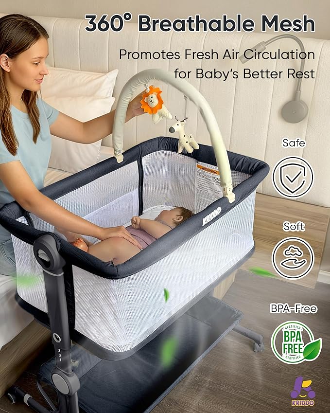 KRIDDO 2-in-1 Baby Bassinet for Infant, Bedside Bassinet with All-Around Breathable Mesh, Lockable Wheels, Adjustable Height and Incline, Bedside Sleeper for Baby with Large Storage Basket, Dark Grey