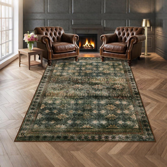 4x6 Area Rug for Bedroom Machine Washable, Non Slip Vintage Floral Kitchen Rugs for Dining Room, Rustic Indoor Floor Carpet for Kids Room, Playroom, Farmhouse(Dark Green/Brown/Multi)