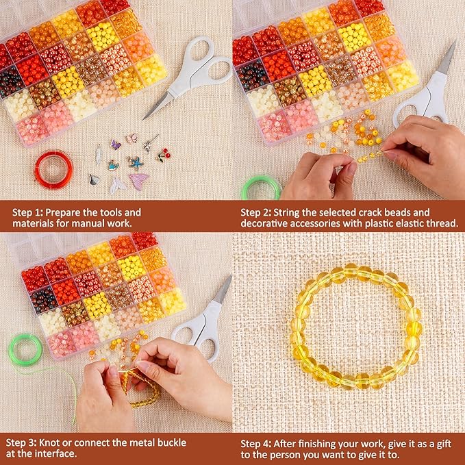 XSEINO About 1200PCS 6mm Glass Beads Bracelet Making Kit,24 Assorted Warm Yellow Wilt Series Colorful Crystal Beads for Bracelet and Jewelry Making and DIY Crafts,Friendship Bracelets