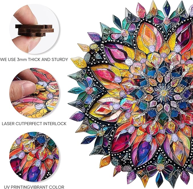 Jiroinlly Wooden Jigsaw Puzzles 500 Pcs - Diamond Mandala Wooden Puzzles for Adults, Luxurious Shaped Wood Puzzle, Beautiful Package, Best Gift for Adults and Kids, Family Game, 16.4'' x 16.7''