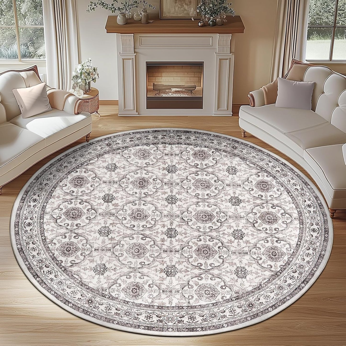 jinchan Round Rug 7ft Washable Circle Soft Rug - Low Pile Vintage 7'Round Indoor Beige Floral Print Stain Resistant Boho Carpet Ultra-Thin Non-Slip for Living Room Bedroom Dining Room Kitchen