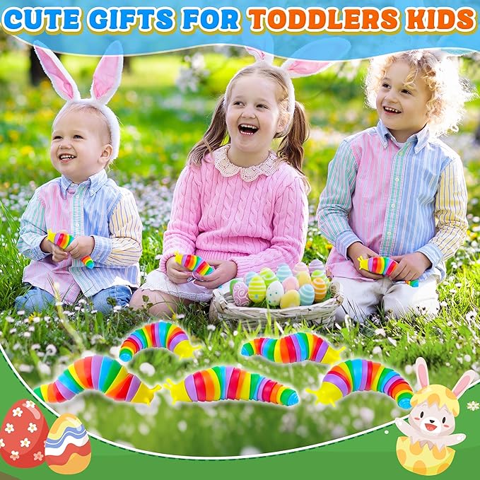 12PCS Baby Sensory Fidget Slug Toys Pack, ASMR Travel Airplane Activities Road Trip Car Toy for Toddler Kids Figette Worm for Adults Stress Relief Gift for Autism ADHD Autistic Caterpillar Stim Toys