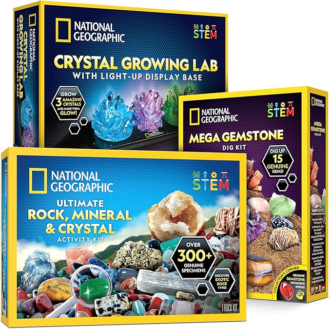National Geographic Geology Bundle – Including Rock Collection Box for Kids, Crystal Growing Kit, and Gemstone Dig Kit, Real Gemstones and Crystals, Science Kit for Boys and Girls (Amazon Exclusive)