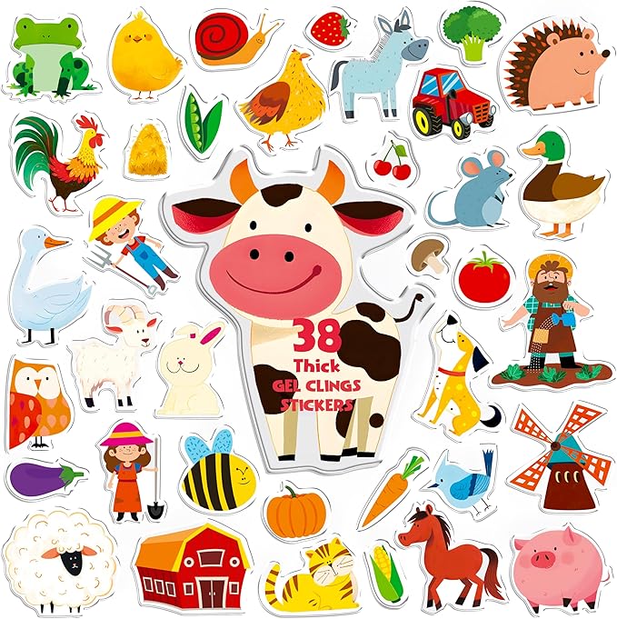 38PCS Farm Animal Jelly Stickers, Thick Window Door Clings Removable Reusable Gel Clings Decals for Kids Toddlers Adults Home Classroom Nursery Animal Party Supplies Decorations (Not Edible)
