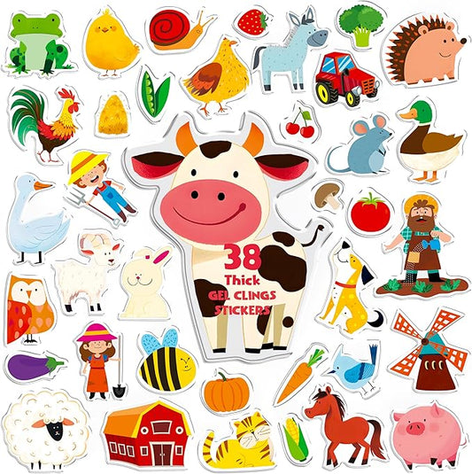 38PCS Farm Animal Jelly Stickers, Thick Window Door Clings Removable Reusable Gel Clings Decals for Kids Toddlers Adults Home Classroom Nursery Animal Party Supplies Decorations (Not Edible)