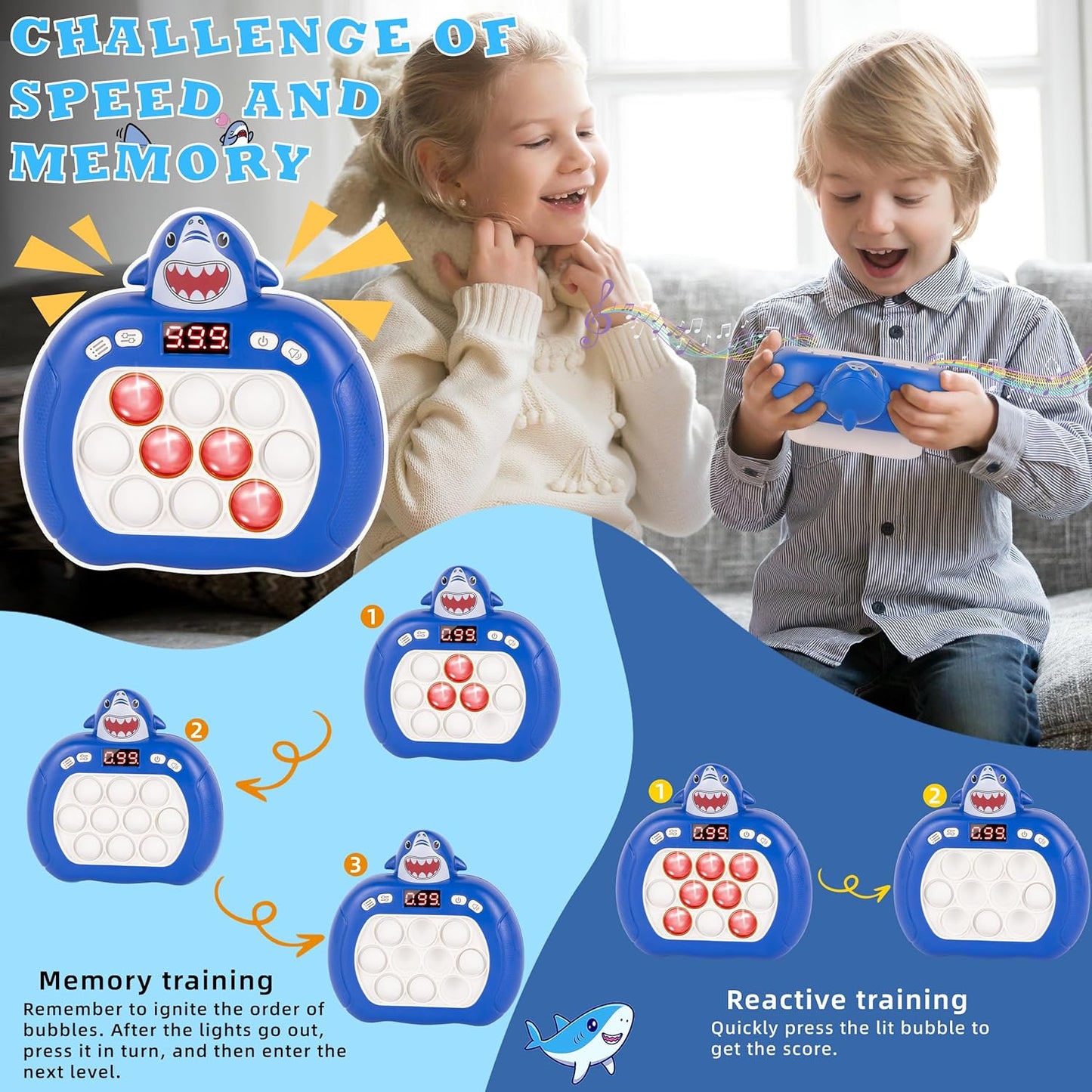 Upgraded Fast Quick Game Pop Bubble Up Toys for Kids, Funny Toys with LED Screen for Kids 3-12 for Girls and Boys Bubble Stress,Handheld Puzzle Game Sensory Toys(Batteries Included) (Shark)
