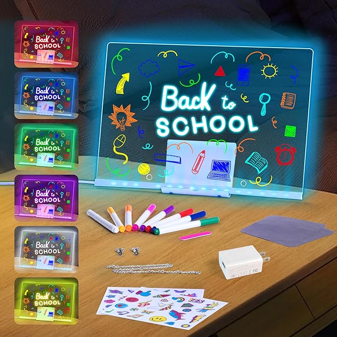LED Drawing Board, 13.8"X10", Acrylic Note Board with Colors, Include Adapter, Acrylic Dry Erase Pad with Light 4 Modes & 7 Colors, 8 Markers, Stand, Hanging Chain, 2 Gel Clings, Holiday Gift