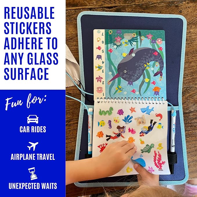 Totebook Kids Travel Educational Activity Book with Washable Markers - Car and Airplane Activities, Learning Toys for Toddlers- Search and Find, Reusable Stickers for Ages 4, 5, 6 (Ocean)