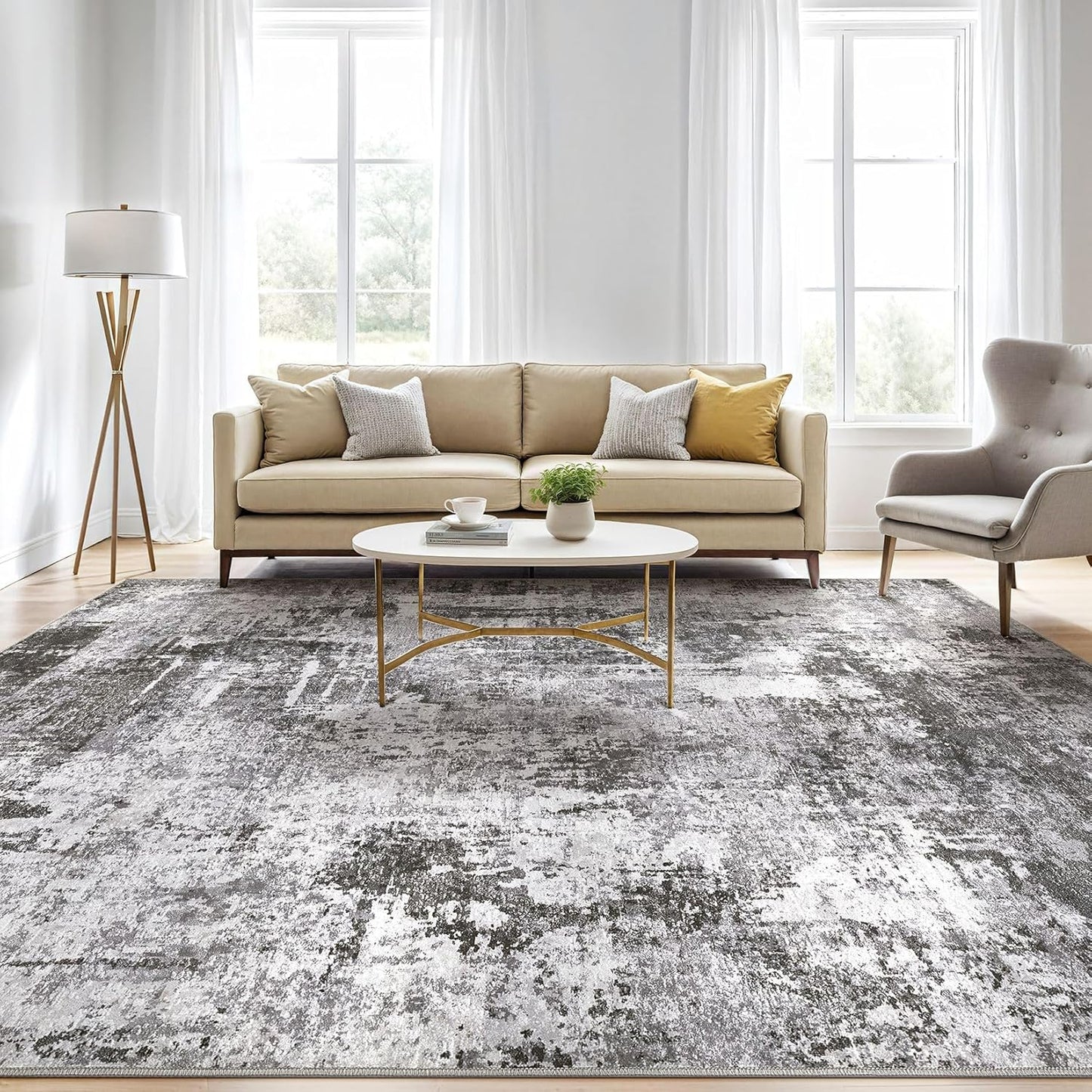 9x12 Area Rug Living Room: Washable Large Abstract Modern Soft Stain Resistant Indoor Floor Rugs Non Slip Accent Carpet for Bedroom Nursery Playroom Office Dining Room Dorm Home House- Black Grey