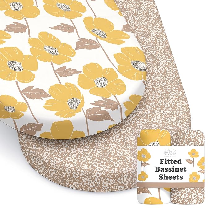 Baby Bassinet Sheets Girl (Poppy Fields) 2-Pack - Fitted Bedside Bassinet Sheets - Buttery Soft Cotton Blend for Standard Bassinet Mattress Pad - Compatible with Halo Bassinest