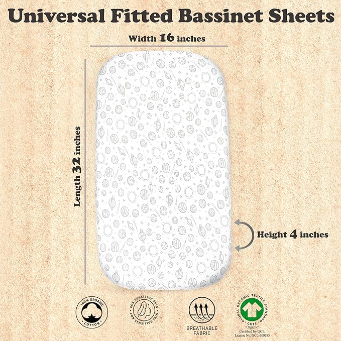 Bassinet Sheets Boy – 2-Pack Soft Fitted Bassinet Sheets, Organic Cotton, Breathable & Cozy, Fits 32x16x4 Inch Rectangle, Oval & Hourglass Mattresses (Grey)