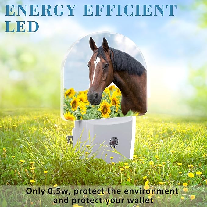 Night Light Plug into Wall Horse in Sunflower Field with Dusk to Dawn Sensor for Kid Girls Boys Women Men Room Decor, Hallway, Kitchen, Bathroom, Nursery, Stairs