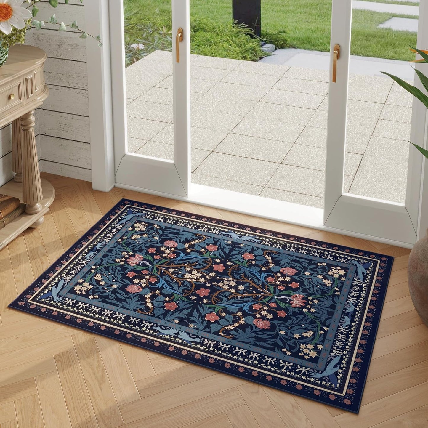 Door Mat Indoor Entrance 2x3 Rug Machine Washable Vintage Floral Botanical Small Area Rug Non-Slip Low Pile Throw Rugs for Entryway, Kitchen, Front Door Entrance, Entry, Kids Room, Blue