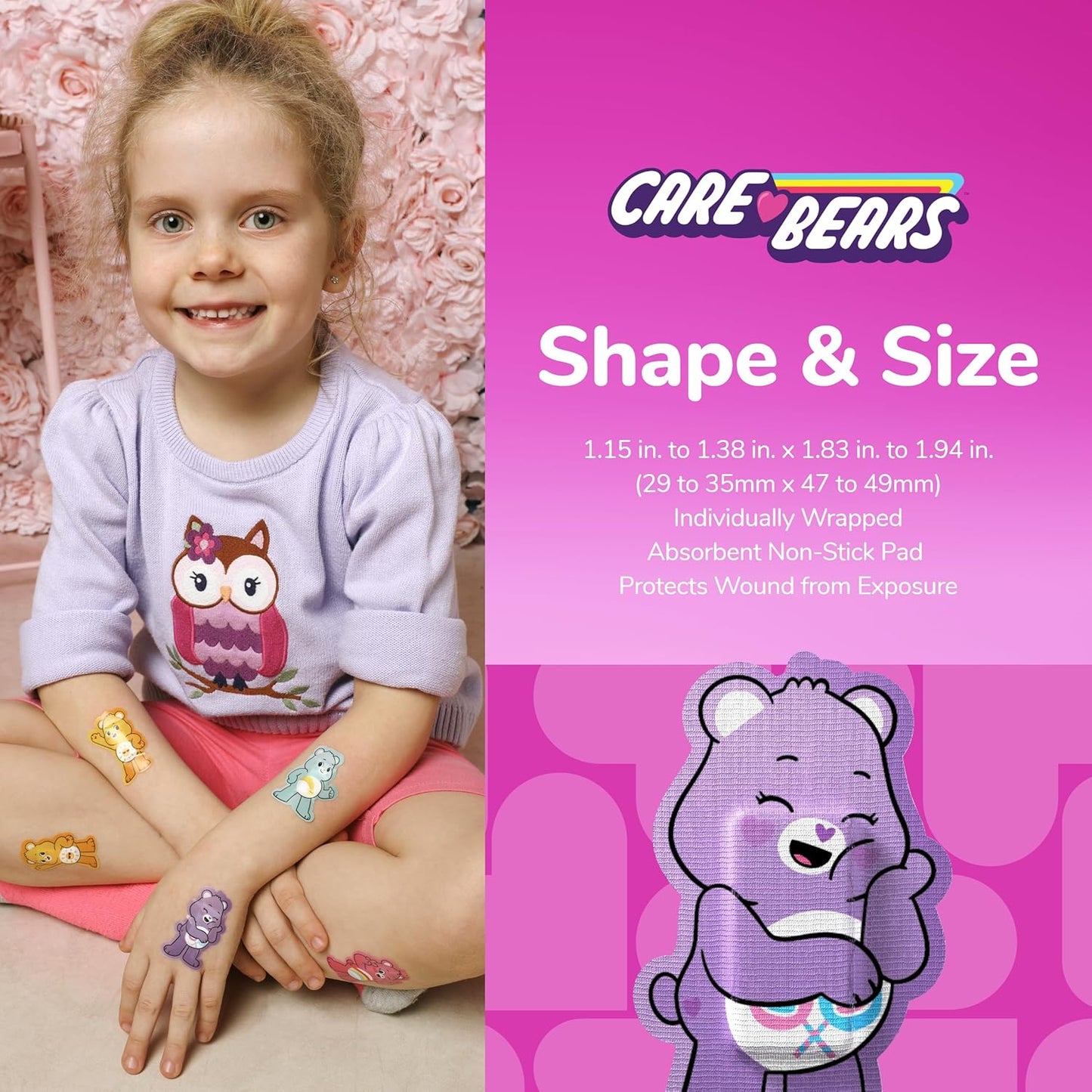 BioSwiss Care Bears Bandages, Unlock The Magic Care Bear Shaped Self Adhesive Bandage, Latex Free Sterile Wound Care, Fun First Aid Kit Supplies for Kids, 100 Count