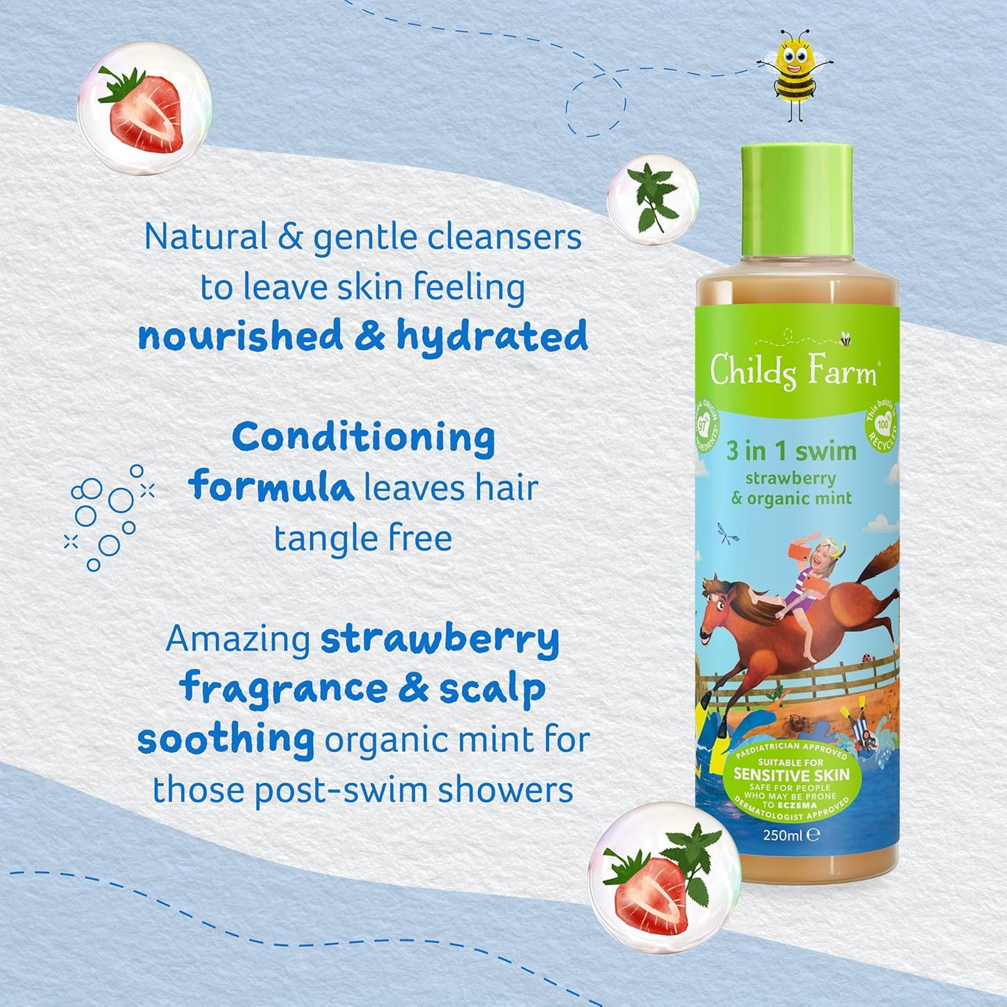 Childs Farm, Kids 3 in 1 Swim, Strawberry and Organic Mint, Body Wash, Shampoo and Conditioner, Suitable for Dry, Sensitive and Eczema-Prone Skin, 8.4 Fl Oz