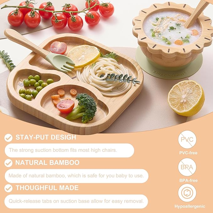Suction Plates Bowls Set for Baby Toddler Non-Toxic Bamboo Feeding Set with Silicone Fork & Spoon (Green Feeding Set)