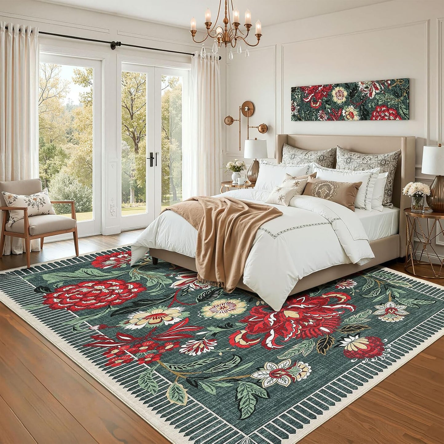 GarveeHome Floral Botanical Washable 8x10 Area Rug for Living Room Soft Grey Green Vintage Boho Cottage Large Rugs Low Pile Carpet for Bedroom Dining Nursery Rug