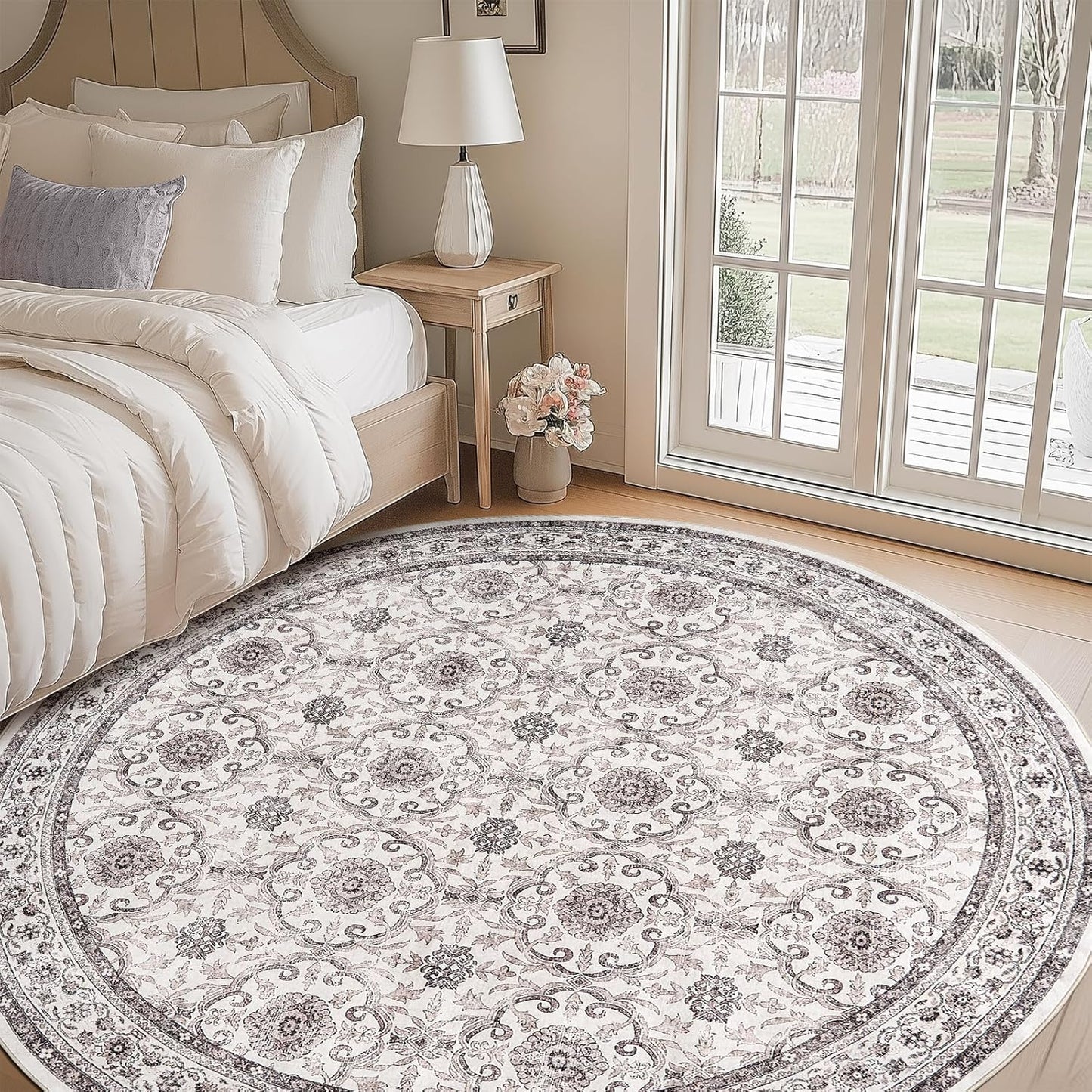 jinchan Round Rug 8ft Washable Circle Soft Rug - Low Pile Vintage 8'Round Indoor Beige Floral Print Stain Resistant Boho Carpet Ultra-Thin Non-Slip for Living Room Bedroom Dining Room Kitchen
