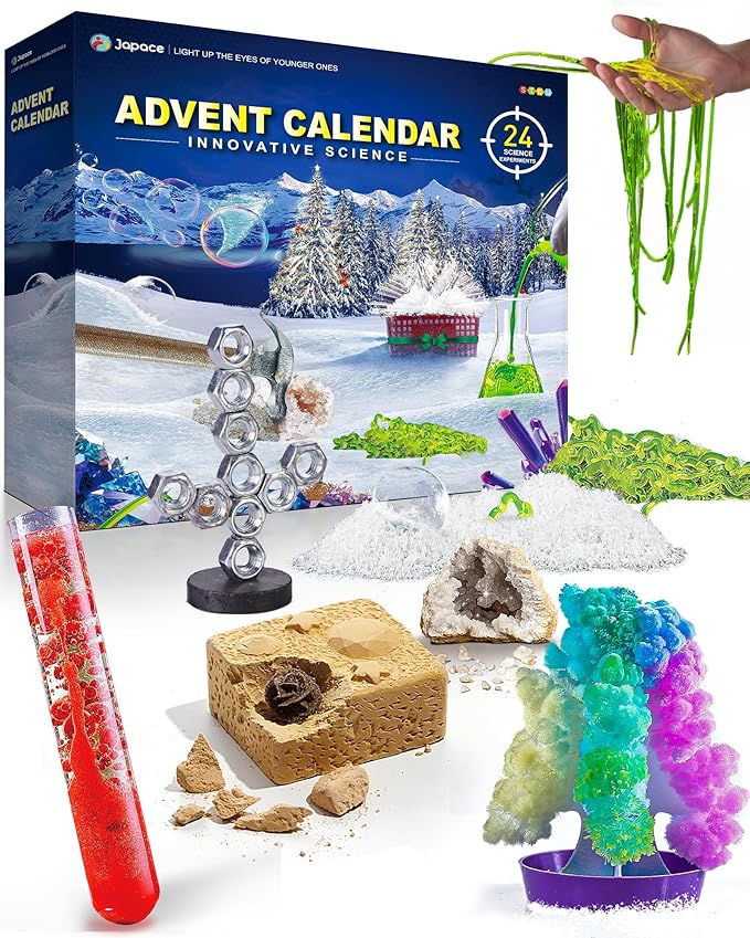 Japace Science Advent Calendar 2025 for Girls Boys, Christmas Gifts for Kids Age 4-6-8-12, Science Kits with 24 Cool Experiments, Christmas Countdown Calendar, STEM Projects for Kids Age 8-12
