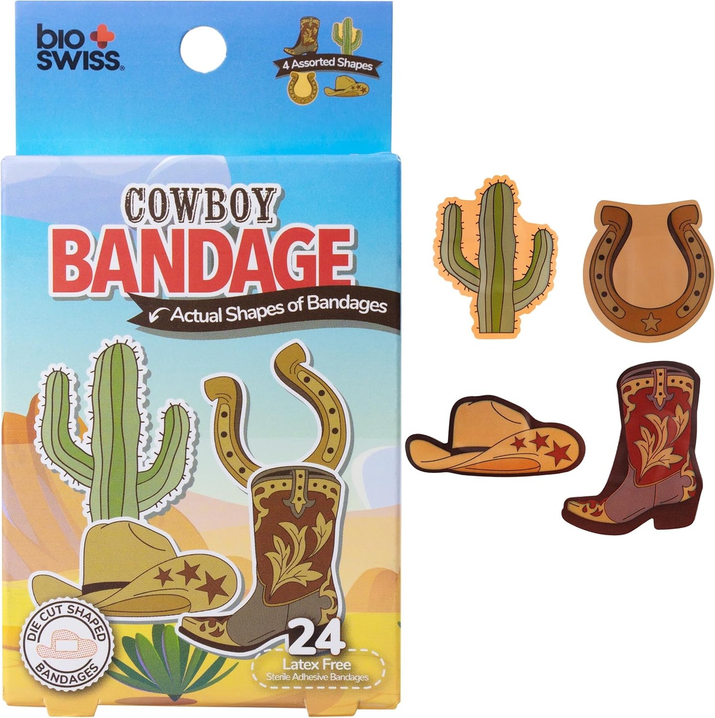BioSwiss Bandages, Cowboy Shaped Self Adhesive Bandage, Latex Free Wound Care, Fun First Aid Kit Supplies for Kids and Adults, 24 Count