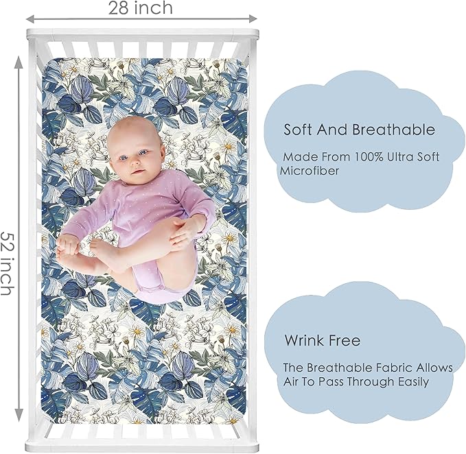 AMROSE 3 Pack Soft Floral Crib Sheets for Baby Girls, 28'' X 52'' Fitted Crib Sheets for Crib and Toddler Mattress Pad, Silk Touch Gentle Breathable Microfiber, Teal Blue Green
