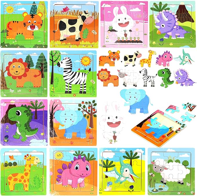 12 Pack 3.54" Mini Wooden Animal Jigsaw Puzzles for Kids Ages 2 3 Toddlers 9 Pieces Preschool Educational Puzzles Learning Travel Jigsaw Puzzle Toys Gift for Boys and Girls