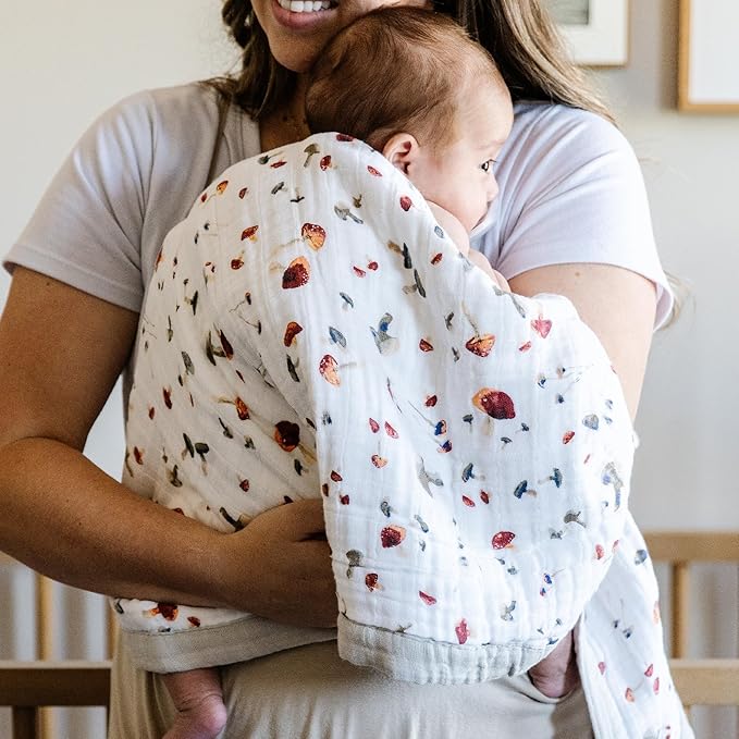 Little Unicorn Newborn Receiving Quilt | Ultra- Soft, Multi-Layered Muslin Fabric | Gift for Newborns & on-The-go (Mushrooms)