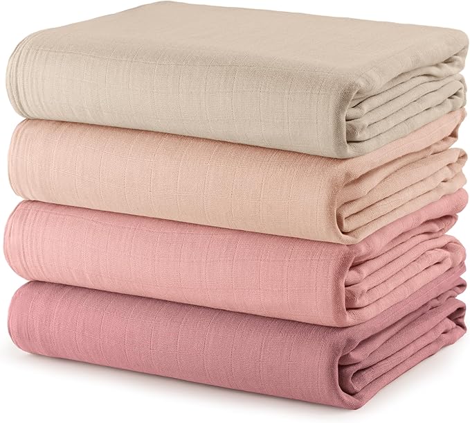 Comfy Cubs Muslin Swaddle Blankets Pack of 4, 47 x 47 Inches, Soft Cotton Baby Blanket Set, Large Multipurpose Swaddling Wraps for Newborns - Self-Soothing Swaddle - Cream, Blush, Bold Blush, Mauve