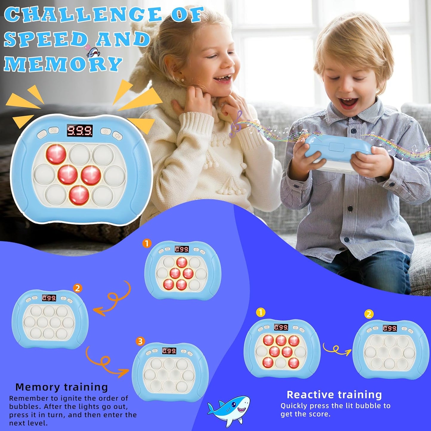 Upgraded Fast Quick Game Pop Bubble Up Toys for Kids, Funny Toys with LED Screen for Kids 3-12 for Girls and Boys Bubble Stress,Handheld Puzzle Game Sensory Toys(Batteries Included) (White-Blue)