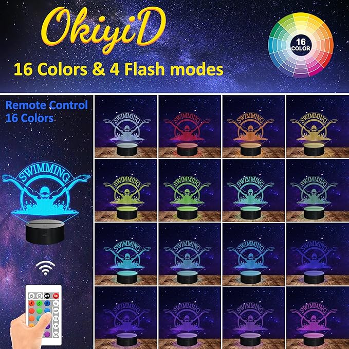 Swimming Gifts for Boys Girls, 3D Illusion Lamp, 3D Swimming Night Light with 16 Colors Remote and Touch Control, Swimmer Natator Decor for Kids Room, Girls Birthday Gifts