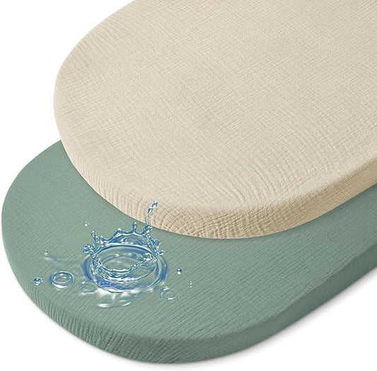 Baby Bassinet Sheets TPU Waterproof 2 Pack Soft Muslin Bedside Bassinet Mattress Sheets with Bottom Elastic Band for Baby Boy Girls Unisex Fit Hourglass Oval and Rectangle, Green Ivory
