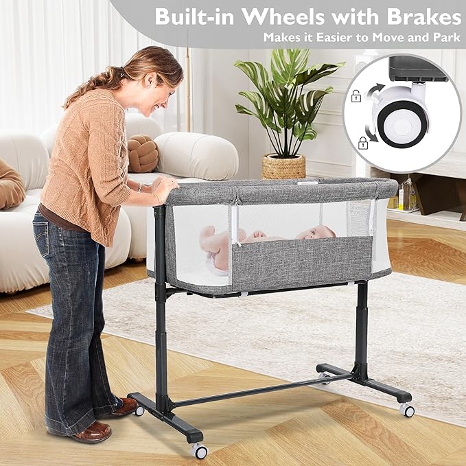 Baby Bassinet Bedside Sleeper, 2 in 1 Folding Portable Newborn Bedside Sleeper, All-Sided Mesh Infant Travel Crib for Toddlers, 6 Adjustable Height, with 4 Wheels, Grey