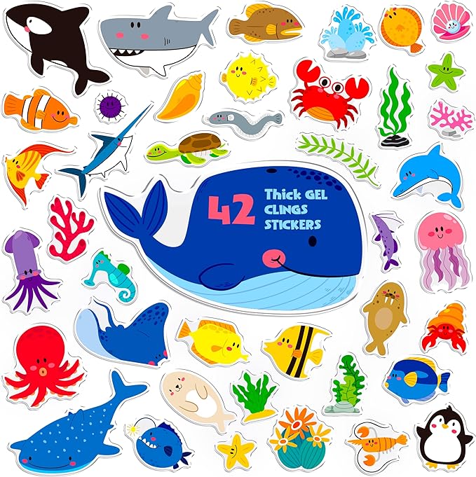 42PCS Marine Animal Jelly Stickers, Thick Window Door Clings Removable Reusable Gel Clings Decals for Kids Toddlers Adults Home Classroom Nursery Animal Party Supplies Decorations (Not Edible)