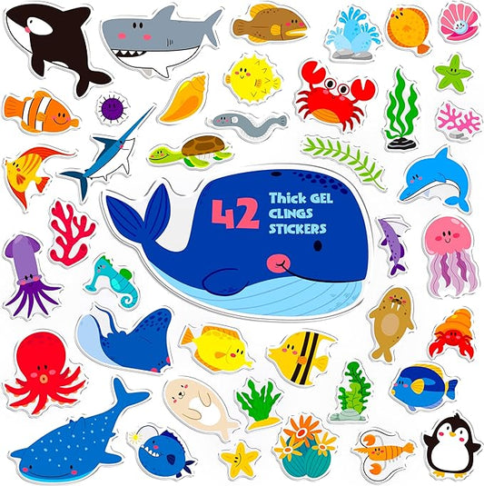 42PCS Marine Animal Jelly Stickers, Thick Window Door Clings Removable Reusable Gel Clings Decals for Kids Toddlers Adults Home Classroom Nursery Animal Party Supplies Decorations (Not Edible)