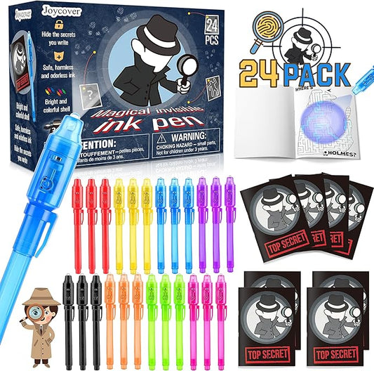 Joycover 24 PCS Invisible Ink Pen with UV Light for Kids, Spy Pens and Notebook，Birthday Party Favors for Kids 4-8, School Prize Goodie Bag Stuffers, UV Pen for Secret Message Escape Room