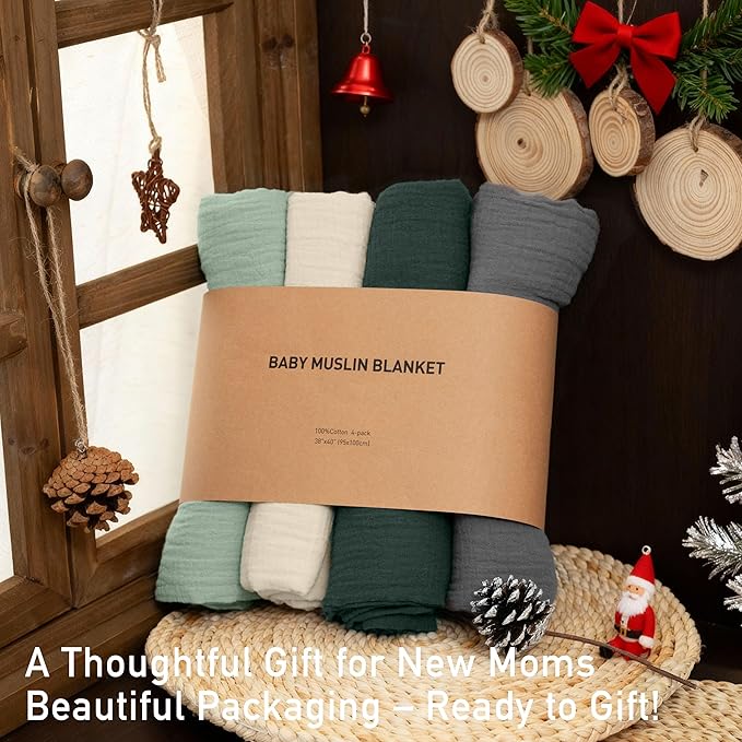 Muslin Swaddle Blankets for Baby Girls and Boys, 4 Pack Breathable and Skin-Friendly Newborn Receiving Blanket, 100% Cotton Swaddle Wrap, Essentials Infant Shower Items, Toddler Gift