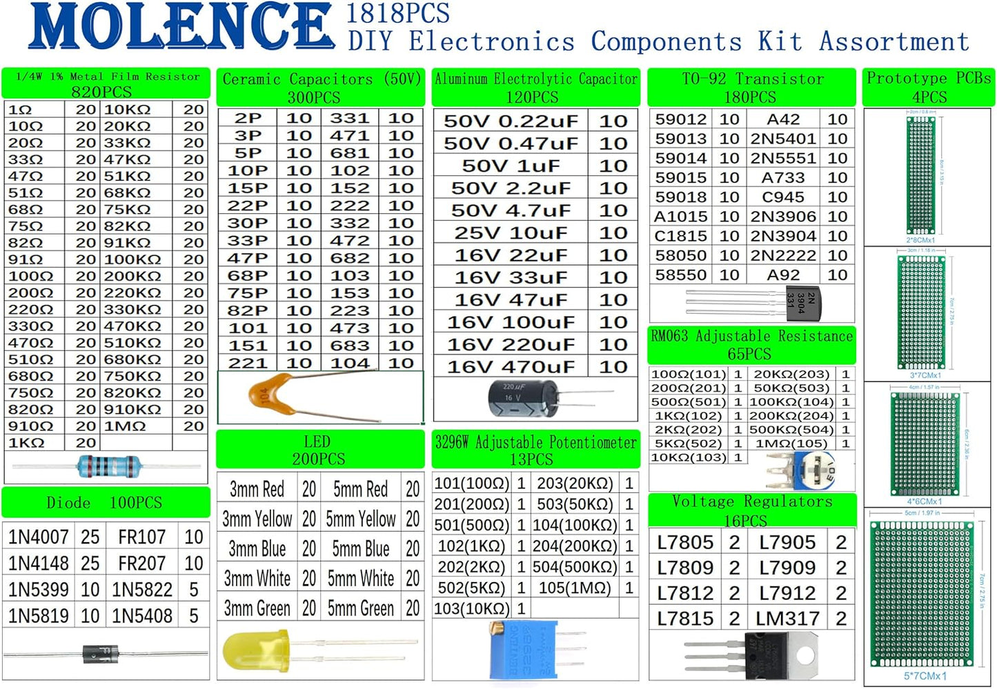 DIY Electronics Components Kit Assortment, Resistors 1818PCS, LED, Triode, Capacitors, Diodes, PCB, Potentiometer, Variable Resistance, Stabilivolt for Arduino UNO MEGA2560 Raspberry Pi MCU